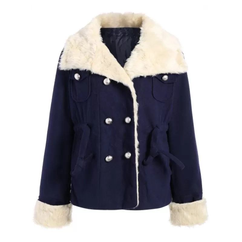 Preppy Style Turn-Down Collar Double-Breasted Thicken Long Sleeve Women's Coat - Purplish Blue