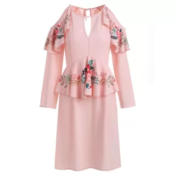 Print Ruffle Cold Shoulder Dress - Pink