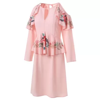 Print Ruffle Cold Shoulder Dress - Pink