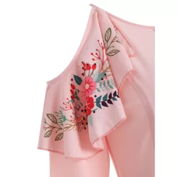 Print Ruffle Cold Shoulder Dress - Pink