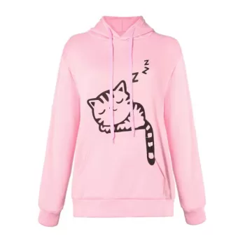 Printed Fleece Lining Cat Ear Hoodie - Pink