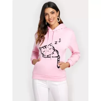 Printed Fleece Lining Cat Ear Hoodie - Pink