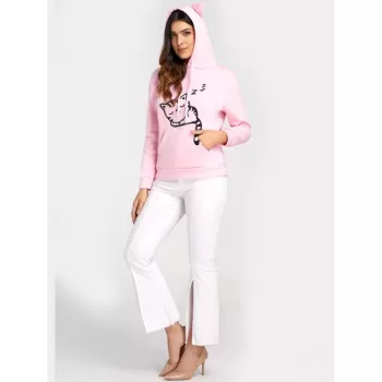 Printed Fleece Lining Cat Ear Hoodie - Pink