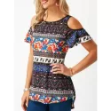 Printed High Low Cold Shoulder Top -
