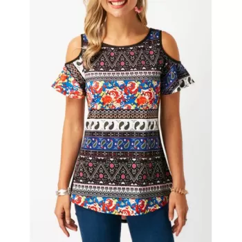 Printed High Low Cold Shoulder Top -