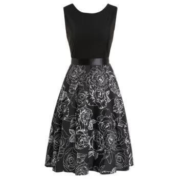 Printed Sleeveless Fit And Flare Vintage Dress - Black