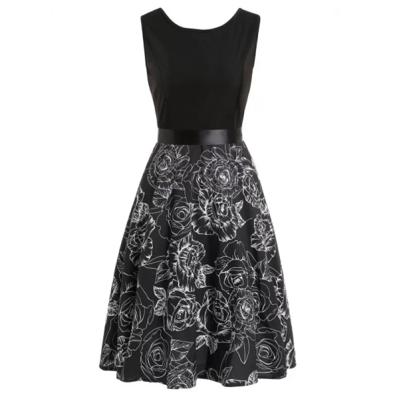 Printed Sleeveless Fit And Flare Vintage Dress - Black