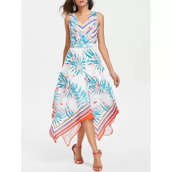 Printed Sleeveless Flared Dress - White