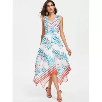 Printed Sleeveless Flared Dress - White