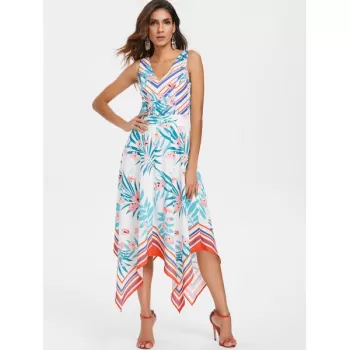 Printed Sleeveless Flared Dress - White