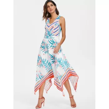 Printed Sleeveless Flared Dress - White