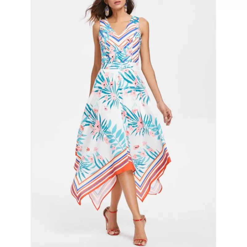 Printed Sleeveless Flared Dress - White
