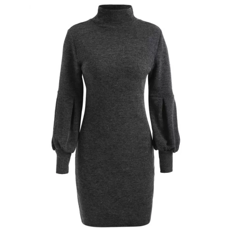 Puff Sleeve Mini Sweater Dress - Dark Gray