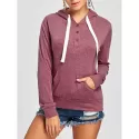 Pullover Buttons Kangaroo Pocket Long leeve Hoodie - Claret