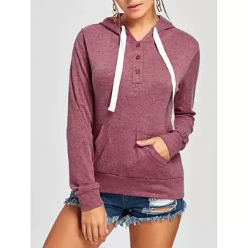 Pullover Buttons Kangaroo Pocket Long leeve Hoodie - Claret