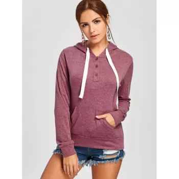 Pullover Buttons Kangaroo Pocket Long leeve Hoodie - Claret