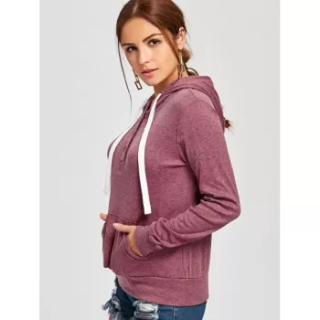 Pullover Buttons Kangaroo Pocket Long leeve Hoodie - Claret