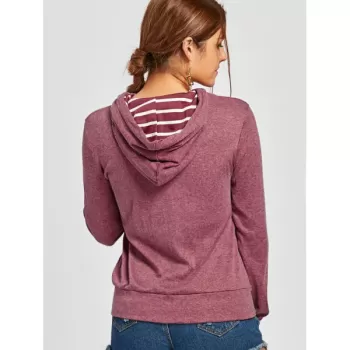 Pullover Buttons Kangaroo Pocket Long leeve Hoodie - Claret