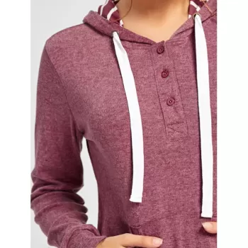 Pullover Buttons Kangaroo Pocket Long leeve Hoodie - Claret