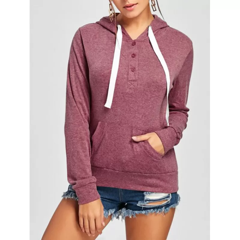 Pullover Buttons Kangaroo Pocket Long leeve Hoodie - Claret