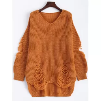 Pullover Ripped V Neck Sweater - Earthy