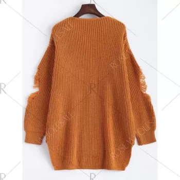 Pullover Ripped V Neck Sweater - Earthy