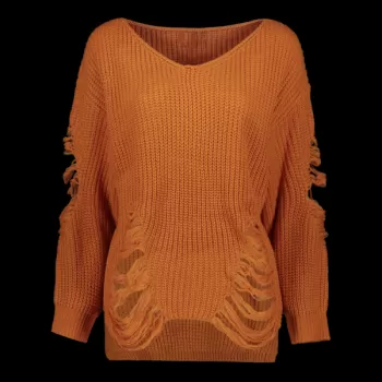 Pullover Ripped V Neck Sweater - Earthy