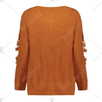 Pullover Ripped V Neck Sweater - Earthy