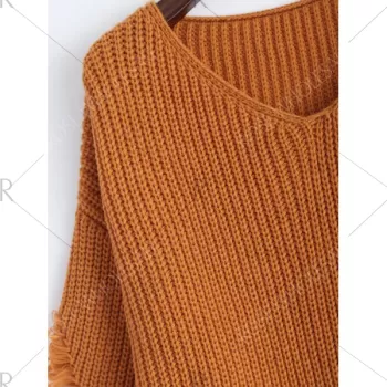 Pullover Ripped V Neck Sweater - Earthy