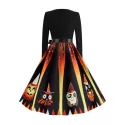 Pumpkin Devil Print Long leeve Midi Halloween Dress -