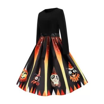 Pumpkin Devil Print Long leeve Midi Halloween Dress -