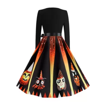 Pumpkin Devil Print Long leeve Midi Halloween Dress -
