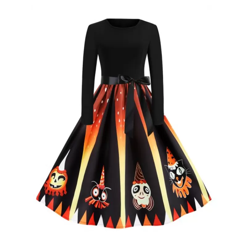 Pumpkin Devil Print Long leeve Midi Halloween Dress -