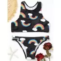 Racerback Rainbow Print Bikini Set - Black
