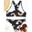 Racerback Rainbow Print Bikini Set - Black