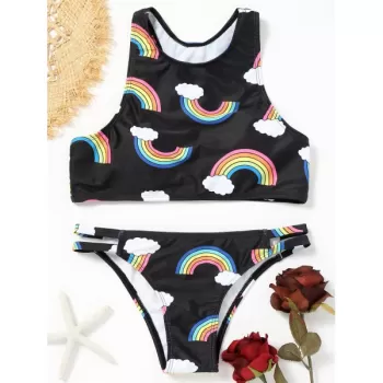 Racerback Rainbow Print Bikini Set - Black