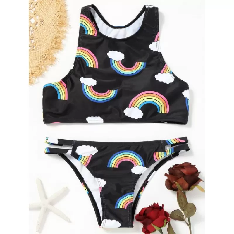 Racerback Rainbow Print Bikini Set - Black