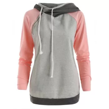 Raglan Sleeve Color Block Zipper Hoodie - Pig Pink