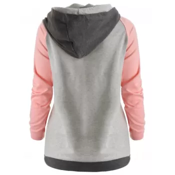 Raglan Sleeve Color Block Zipper Hoodie - Pig Pink