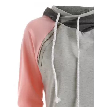 Raglan Sleeve Color Block Zipper Hoodie - Pig Pink