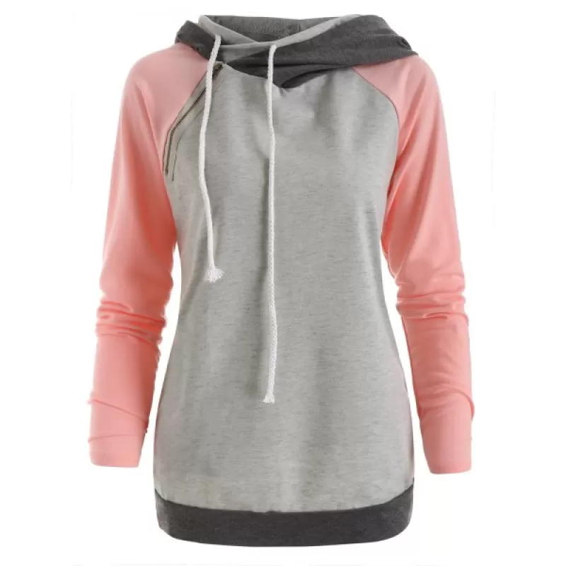 Raglan Sleeve Color Block Zipper Hoodie - Pig Pink