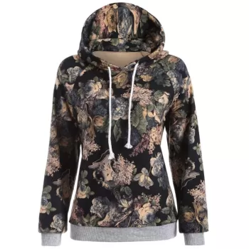 Raglan Sleeve Floral Print Hoodie - Gray