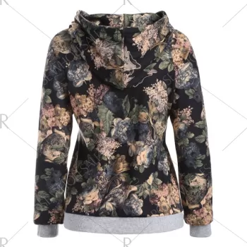 Raglan Sleeve Floral Print Hoodie - Gray