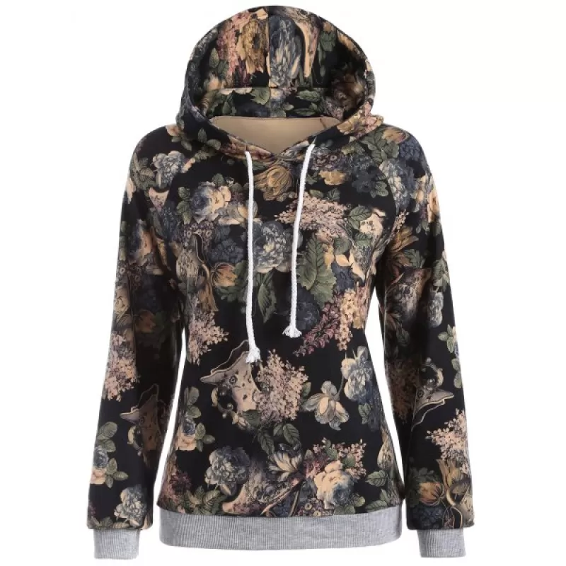 Raglan Sleeve Floral Print Hoodie - Gray