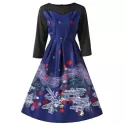Retro Printed High Waist Swing Dress - Deep Blue
