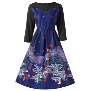 Retro Printed High Waist Swing Dress - Deep Blue