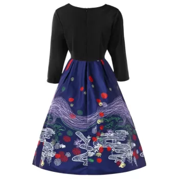 Retro Printed High Waist Swing Dress - Deep Blue