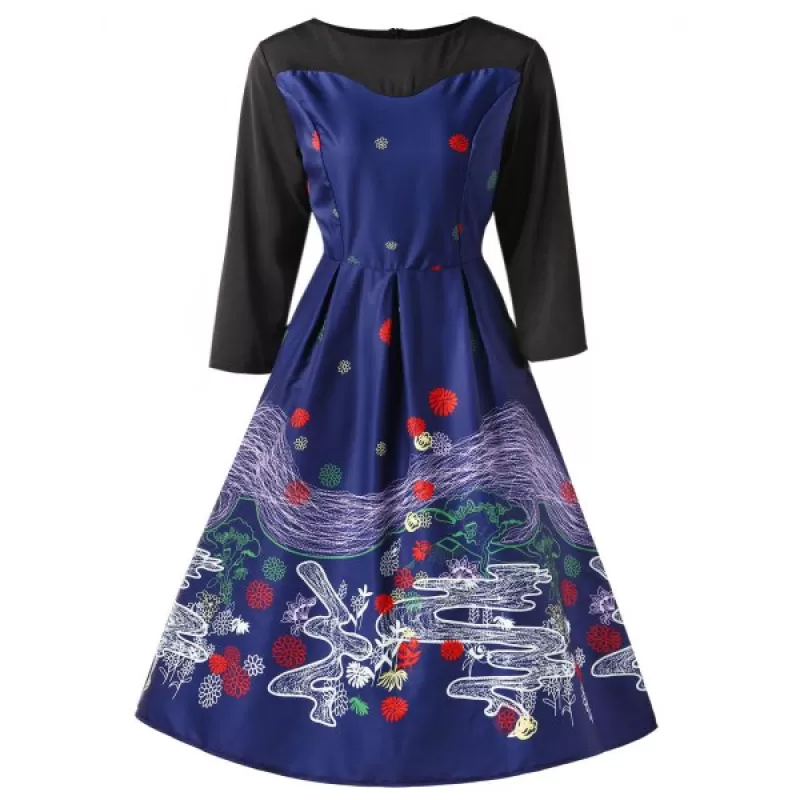 Retro Printed High Waist Swing Dress - Deep Blue