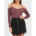 Rhinestone Cut Out Shoulder Zipper Knitwear - Rosy Finch