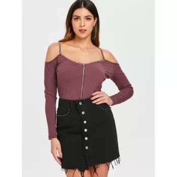 Rhinestone Cut Out Shoulder Zipper Knitwear - Rosy Finch